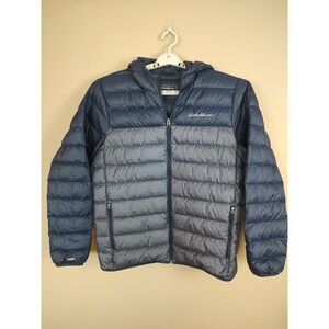 Eddie Bauer EB650 Mens Down Puffer Jacket Hooded Navy Blue Grey Large Outdoor